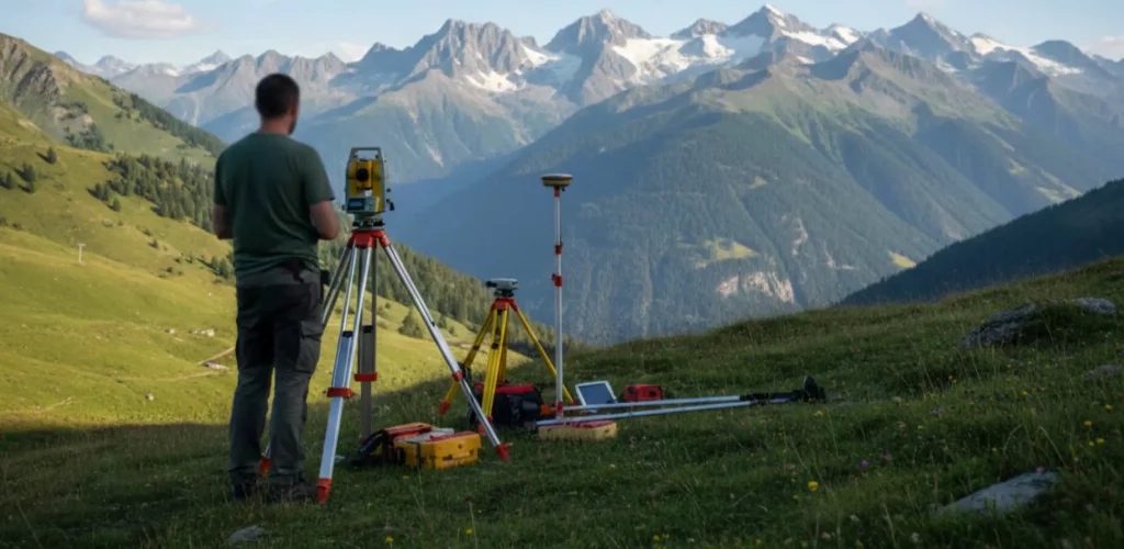 Géomètre-expert réalisant un bornage sur terrain en montagne Savoie avec station totale