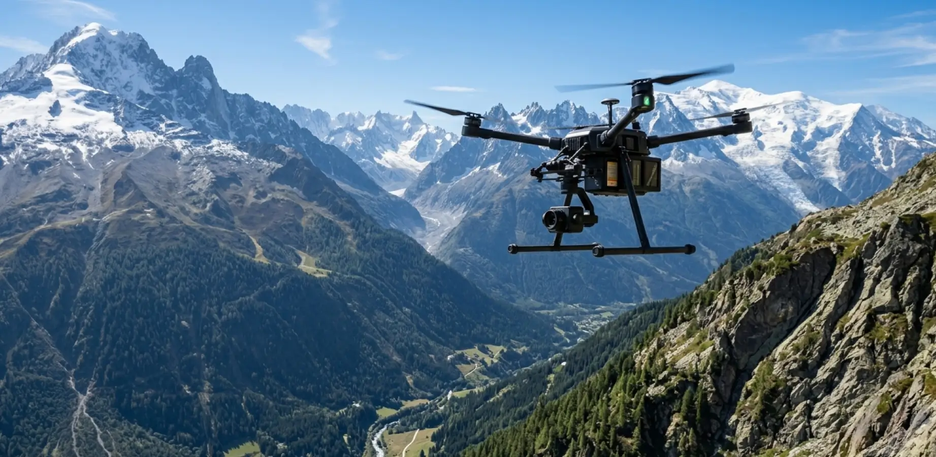 Drone professionnel en vol pour un relevé topographique en zone de montagne en Savoie