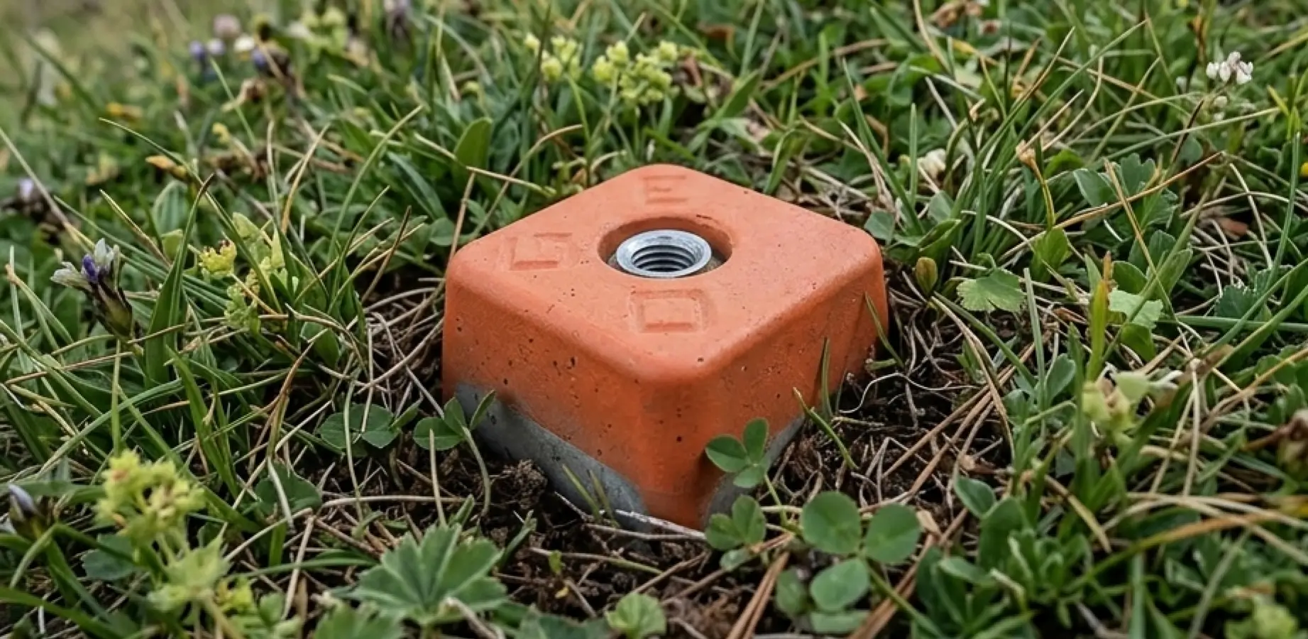 Borne cadastrale orange affleurant dans l'herbe en Savoie
