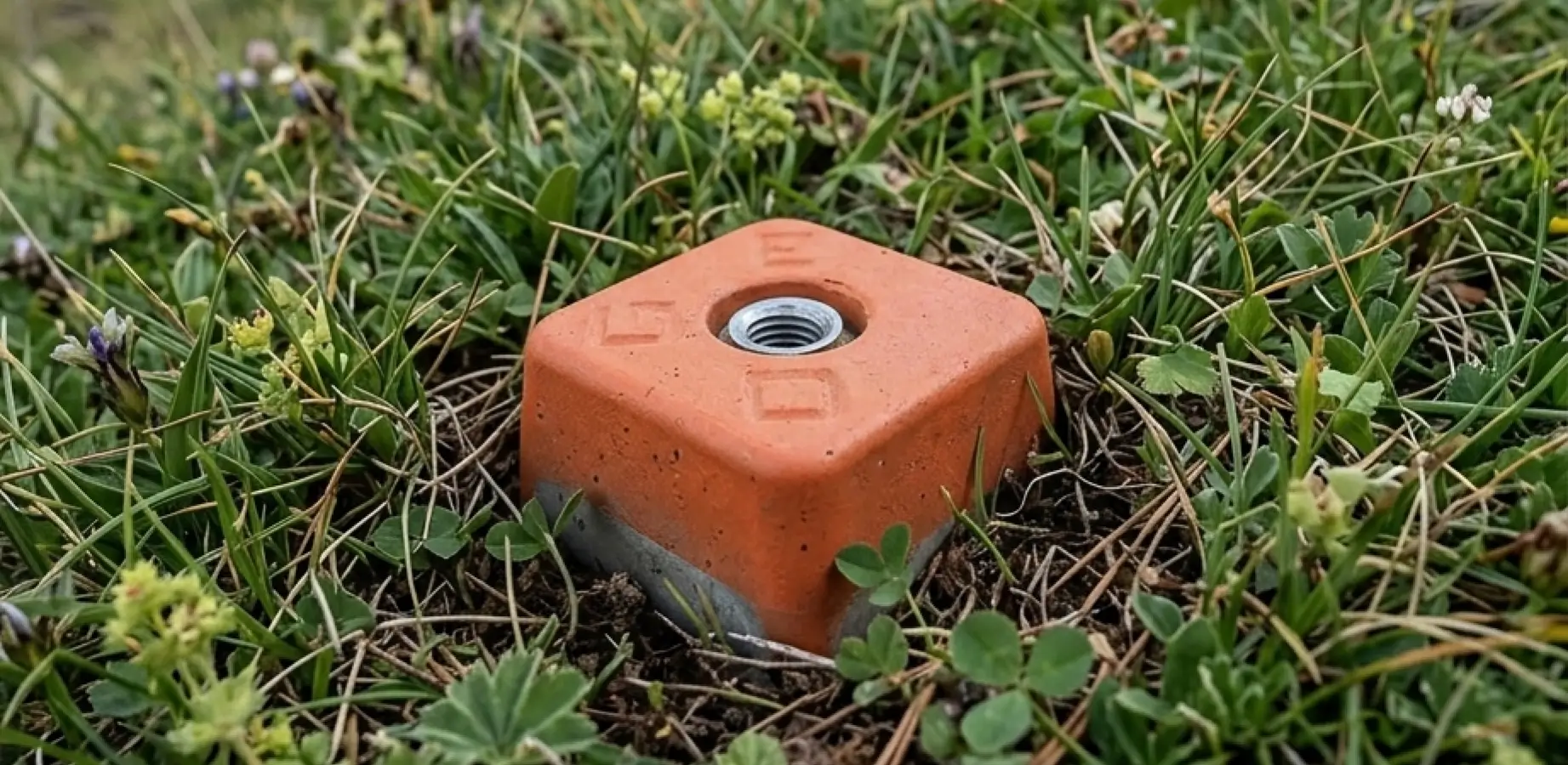 Borne homologuée OGE à tête orange tronconique frappée du logo de l'Ordre, scellée sur un terrain en bordure de propriété