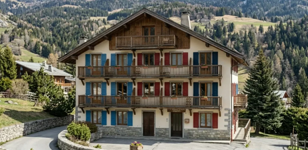 Résidence de copropriété en Savoie, façade alpine avec balcons en bois et montagnes en arrière-plan