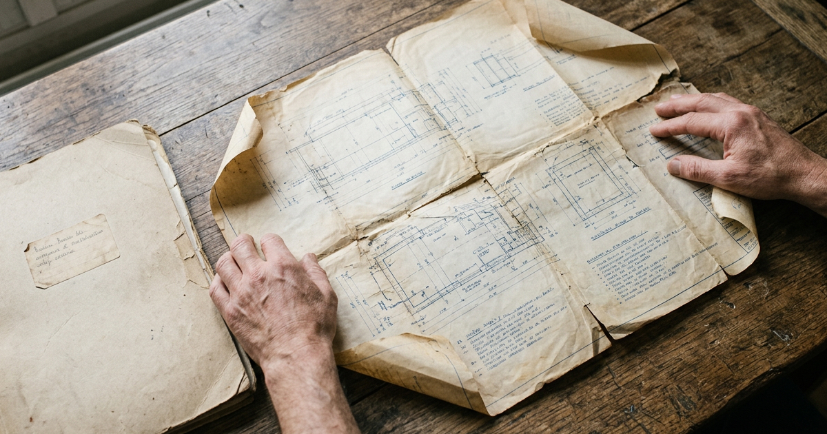 Mains dépliant un ancien plan de bornage jauni sur une table en bois, à côté d'une chemise cartonnée d'archives