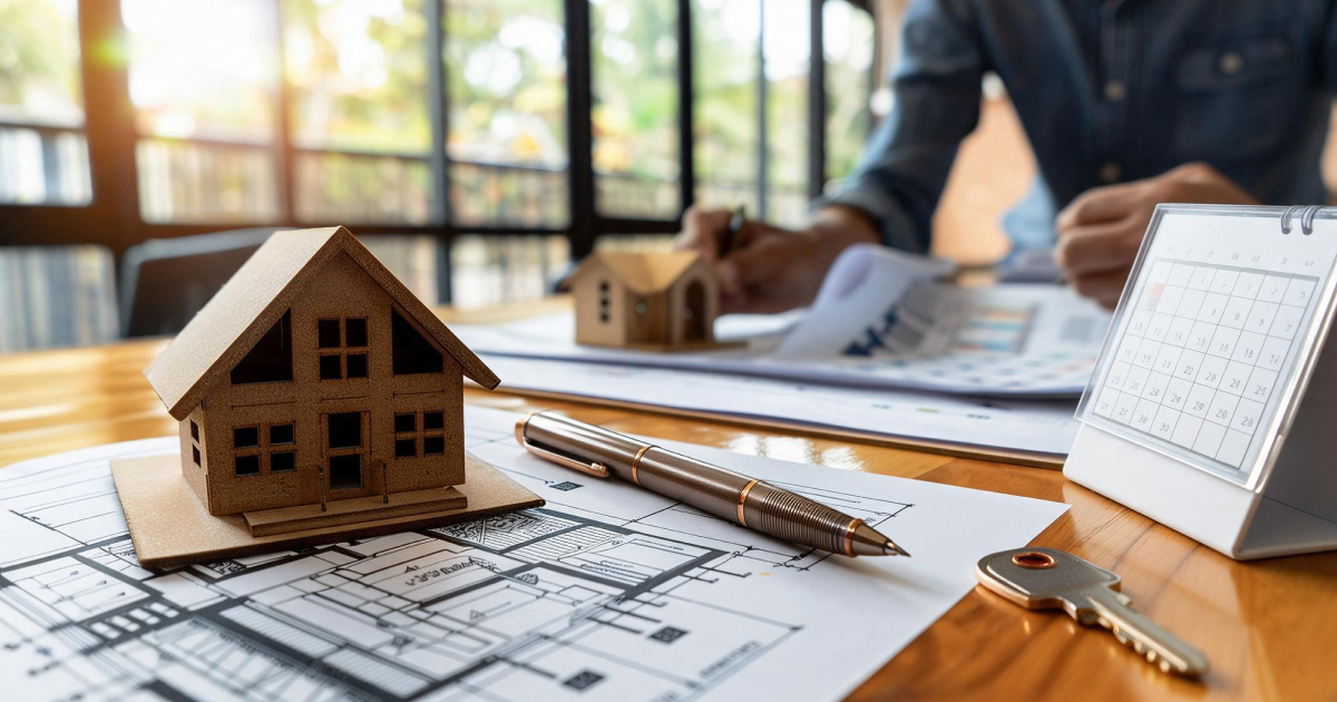 Petite maquette de maison posée sur un plan papier à côté d'un calendrier, évoquant le délai et le coût d'une division parcellaire