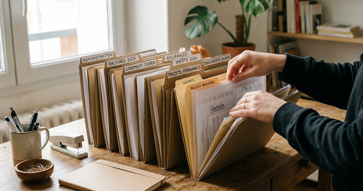 Mains feuilletant des dossiers administratifs étiquetés sur un bureau, évoquant l'instruction d'une autorisation de division en mairie