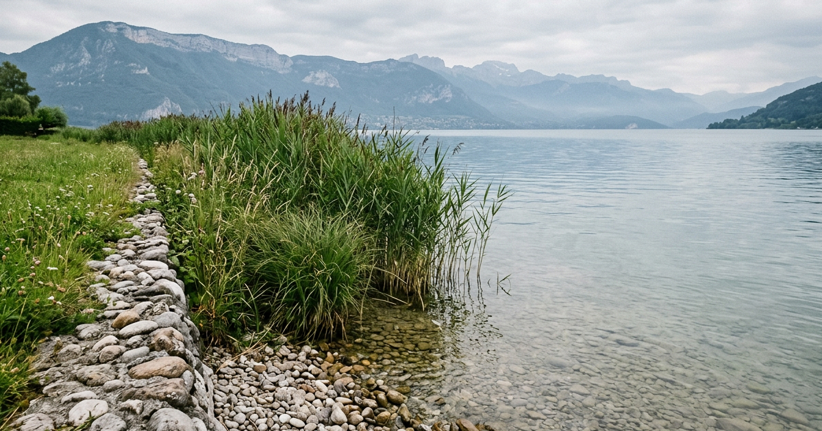 Limite entre un jardin privé et la grève du lac Léman, roseaux et muret bas au bord de l'eau
