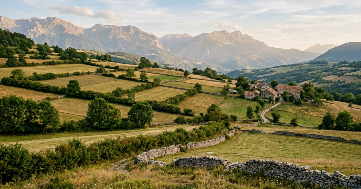 Parcelles agricoles séparées par des haies et des murets sur un coteau de la Combe de Savoie