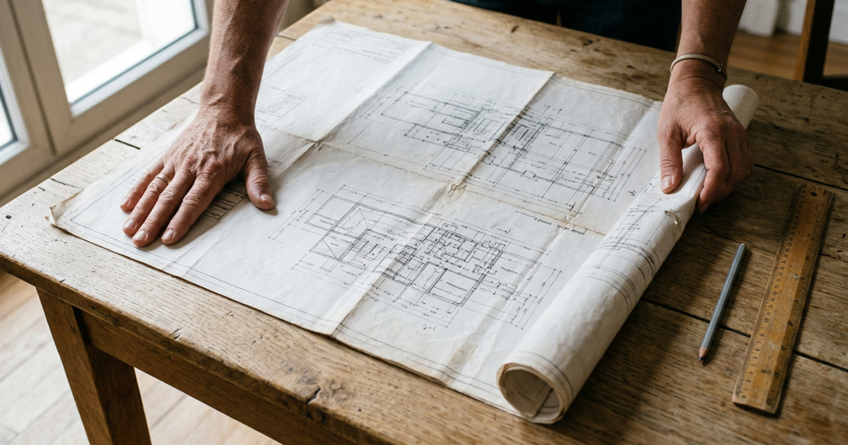 Grand plan technique déplié et consulté à deux mains sur une table en bois