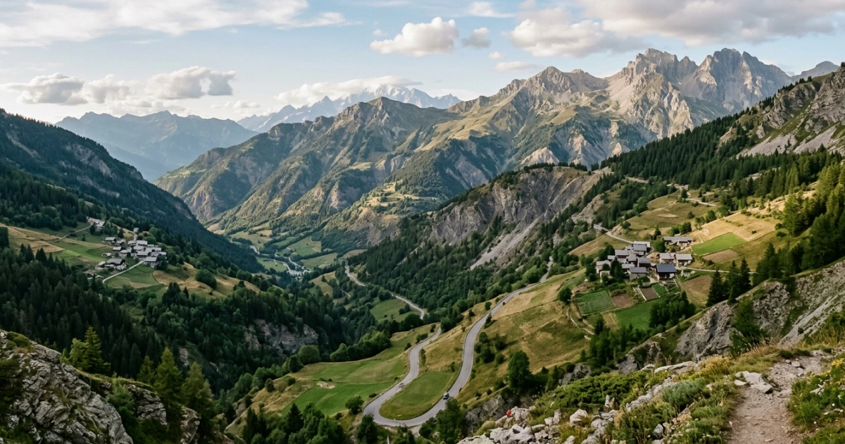 Vallée de Tarentaise en fin d'été, versants boisés, hameaux et routes de montagne étagés
